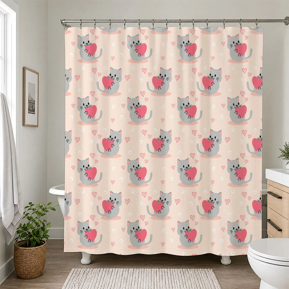 Waterproof Cute Cat Shower Curtain Liner with Hearts Pattern Whimsical Bathroom Decor Accessories for Modern Master Bathroom Hom