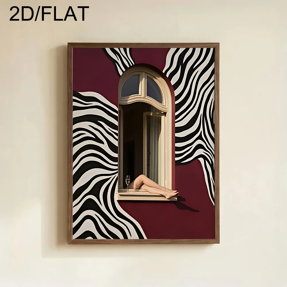 2D Flat Surreal Zebra Print Window Canvas Painting Unframed Abstract Burgundy Red Canvas Wall Art for Living Room & Office Decor