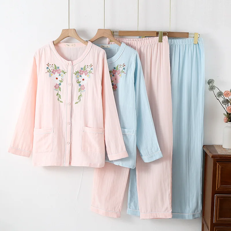 Chinese-style Embroidered Pure Cotton Pajamas Double-layer Yarn Women's Spring and Autumn Thin Long-sleeved Loose Loungewear Set