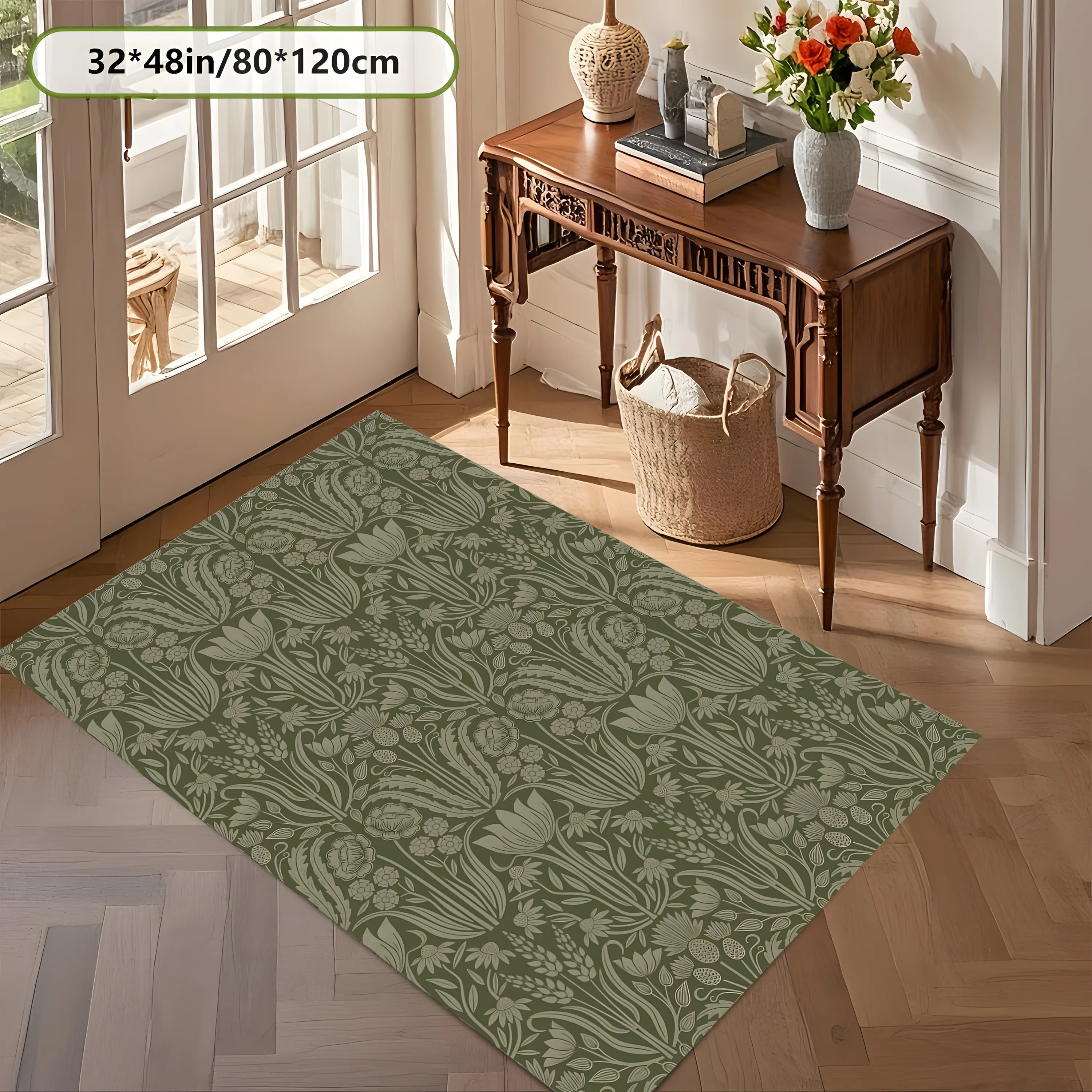 2D Carpet with Dark Green Retro Plant Vine Scroll Pattern in Vintage Style for Living Room, Bedroom, and Bedside