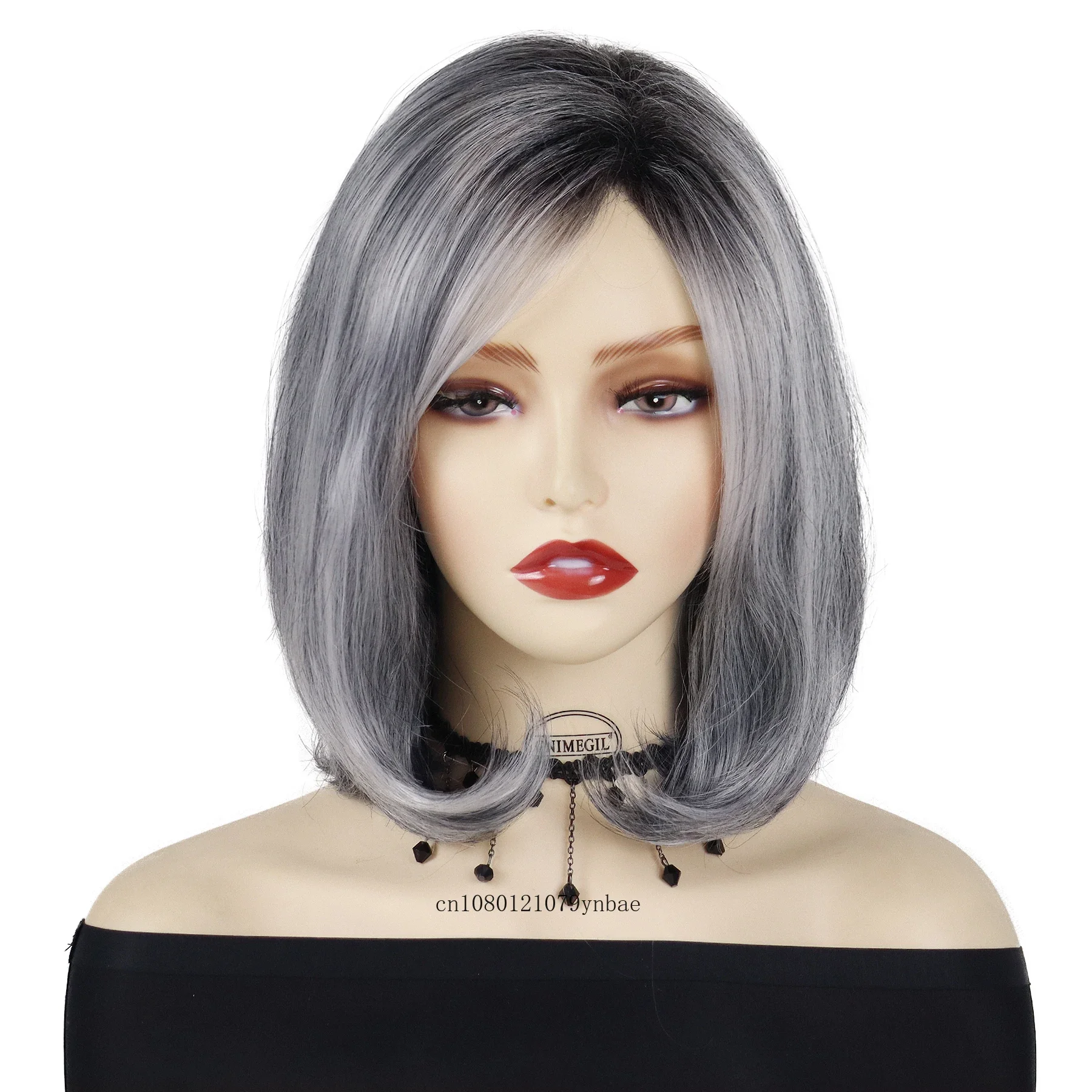 Synthetic Hair Silver Grey Wigs for Women Short Inner Buckle Bob Wig with Bangs Grandma Cosplay Costume Older Wig Daily Party