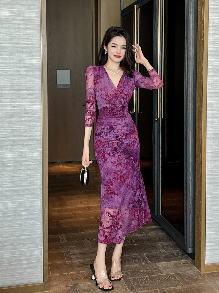 

Coigarsam Long Dress Women New Office Lady French Style Solid Print Zipper Mesh V-Neck Purple Dresses