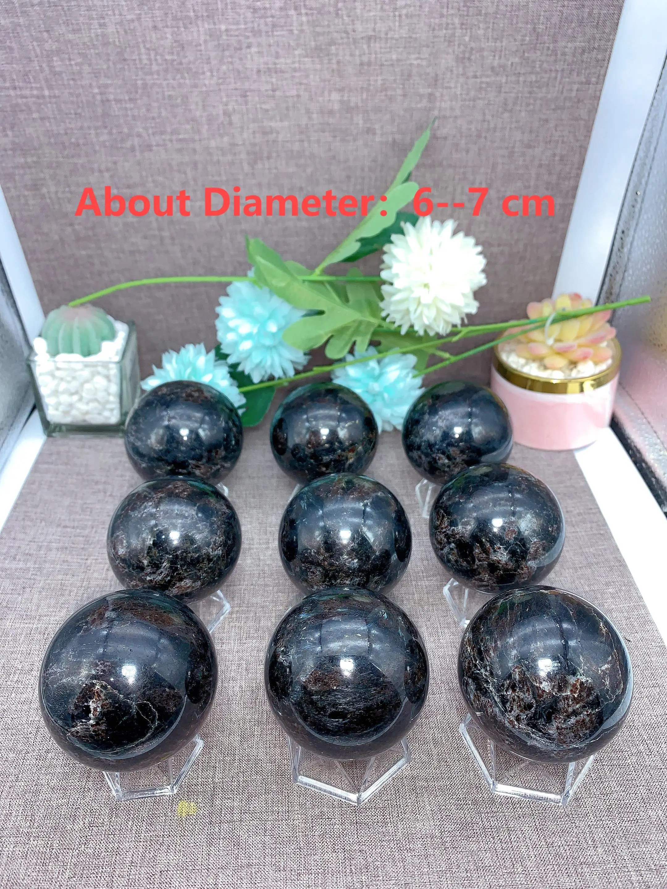 

Large Astrophyllite Garnet Sphere With Wood Based Stand Crystal Quartz Collection Black Firework Reiki