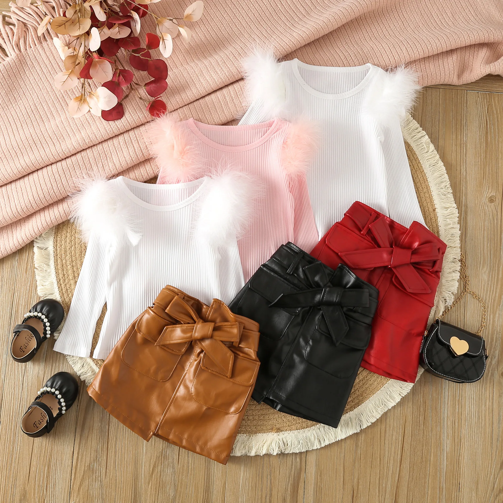 2023 Children's spring and autumn girls solid color feather sweater long sleeve top PU leather skirt [optional collocation]