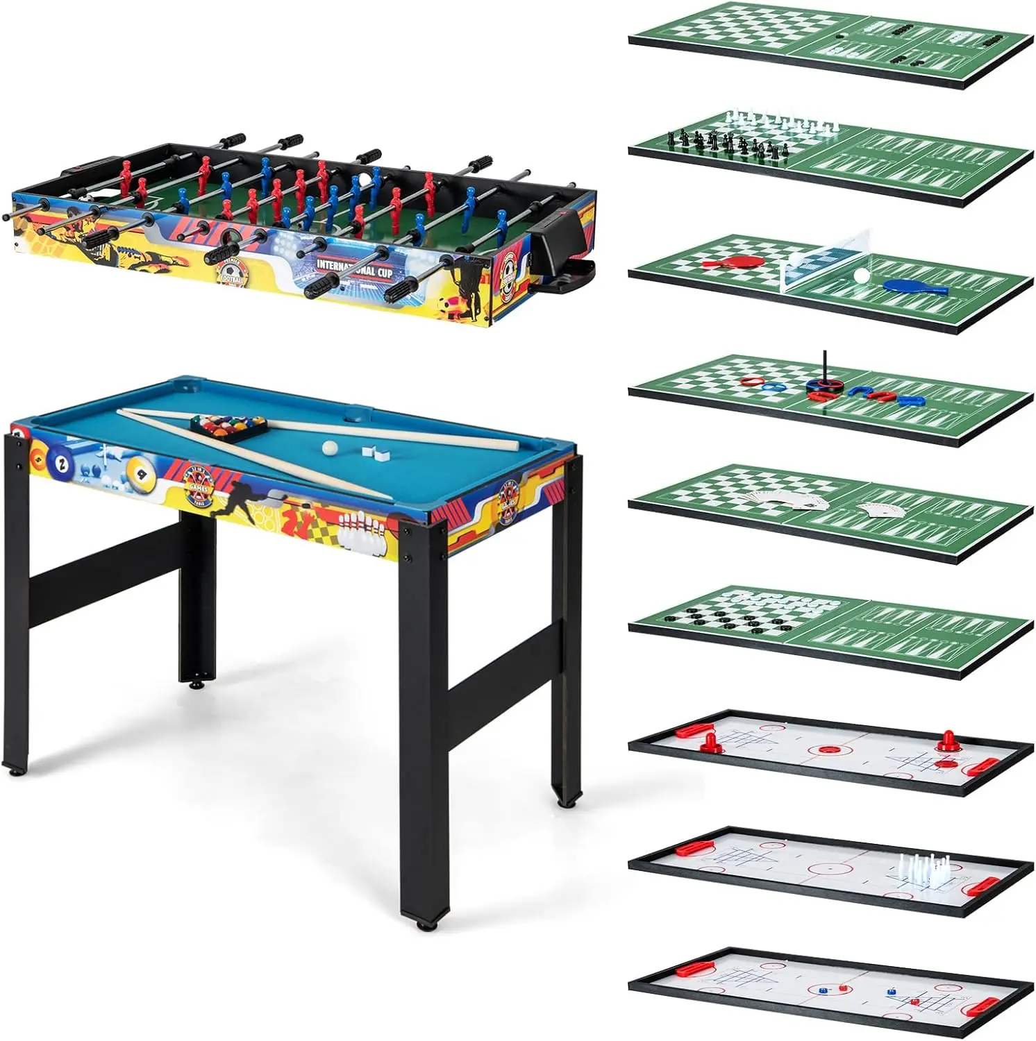 

Game Table, 48 Inch Combination Game Tables with Foosball, Hockey, Ping Pong, Pool, Chess, Bowling, Checkers, Shuffleboard, Comb