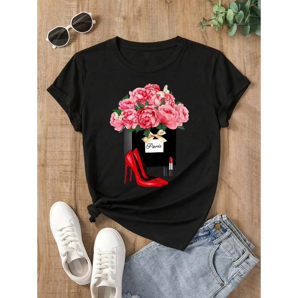 Fashion Floral High Heel Printed T Shirt Women Harajuku Graphic Tees Shirt Casual Women's T-shirt Female Tops Tees