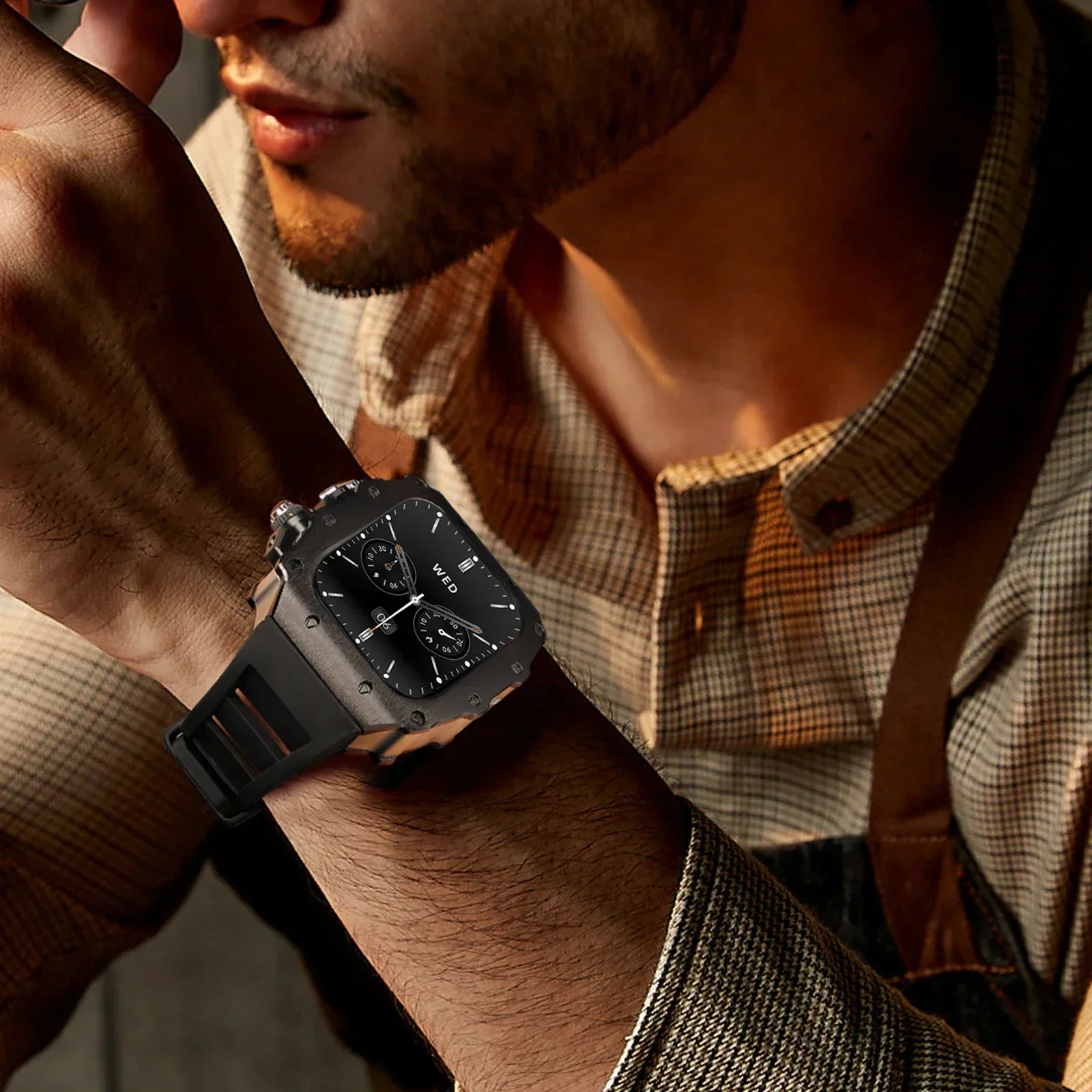 Kit de modificação de luxo para apple watch 10 46mm pulseira de silicone para iwatch série 9 87 6 5 44 45mm caixa de relógio mod de aço inoxidável