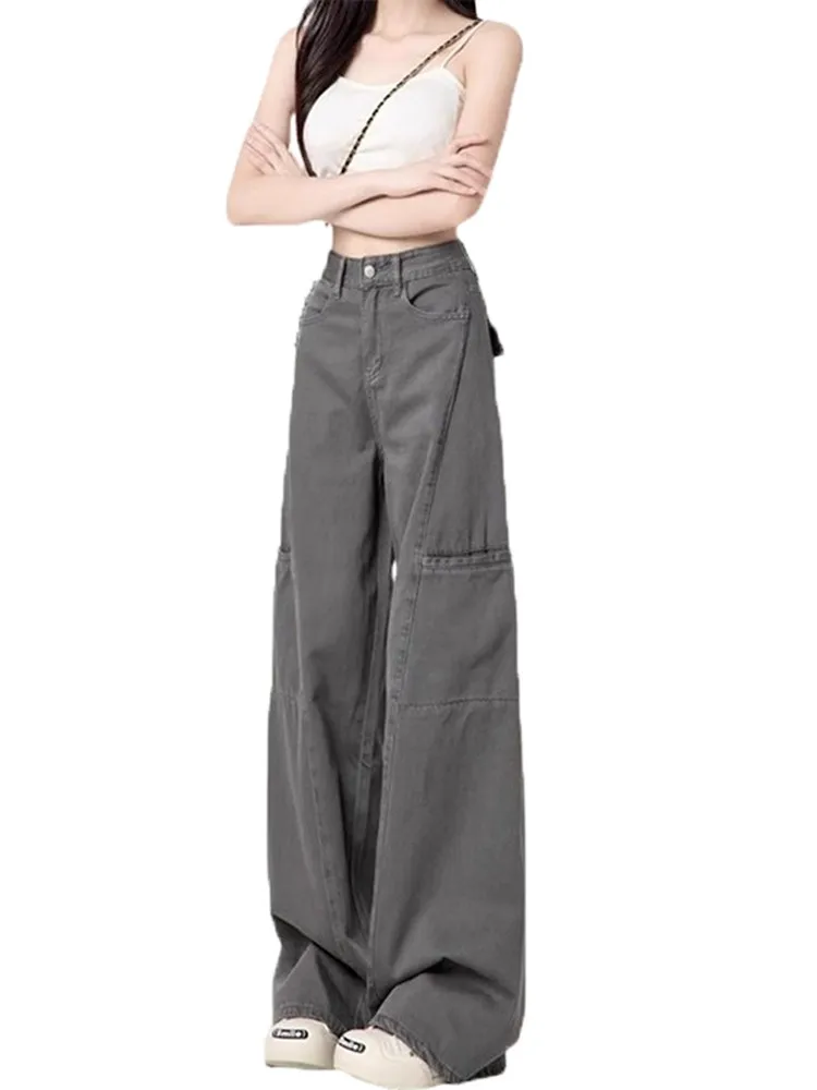 アメリカンレトログレーワイドレッグワークウェアジーンズ女性夏新ルーズストレート痩身フロアレングスパンツハイウエストジッパー