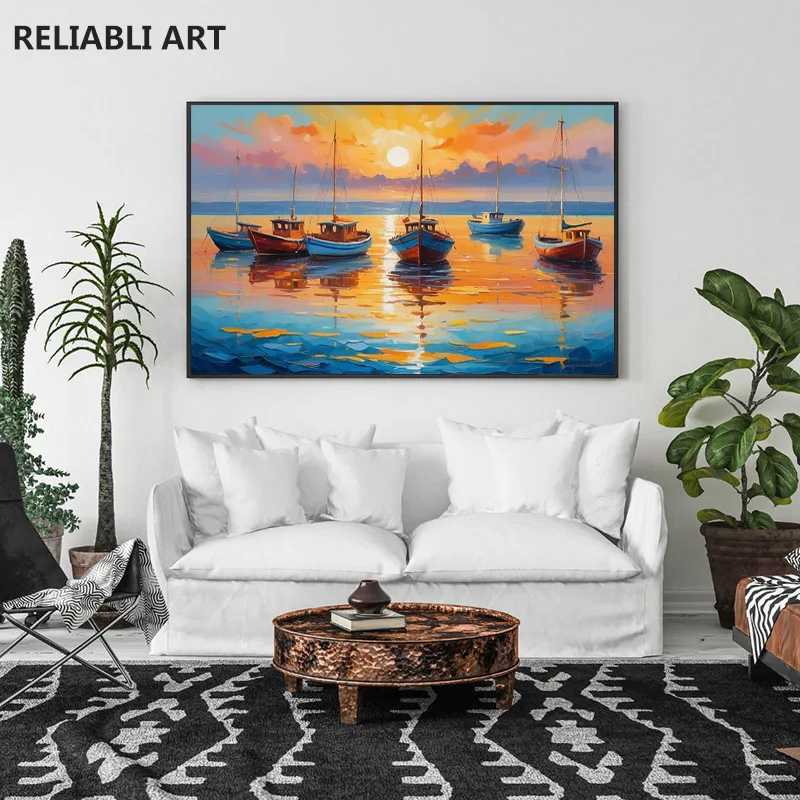 Oil Painting Of boats And Sea On Canvas Sunset Over Ocean Modern Impressionism,Print Poster Wall Art Picture Room Decor Unframed