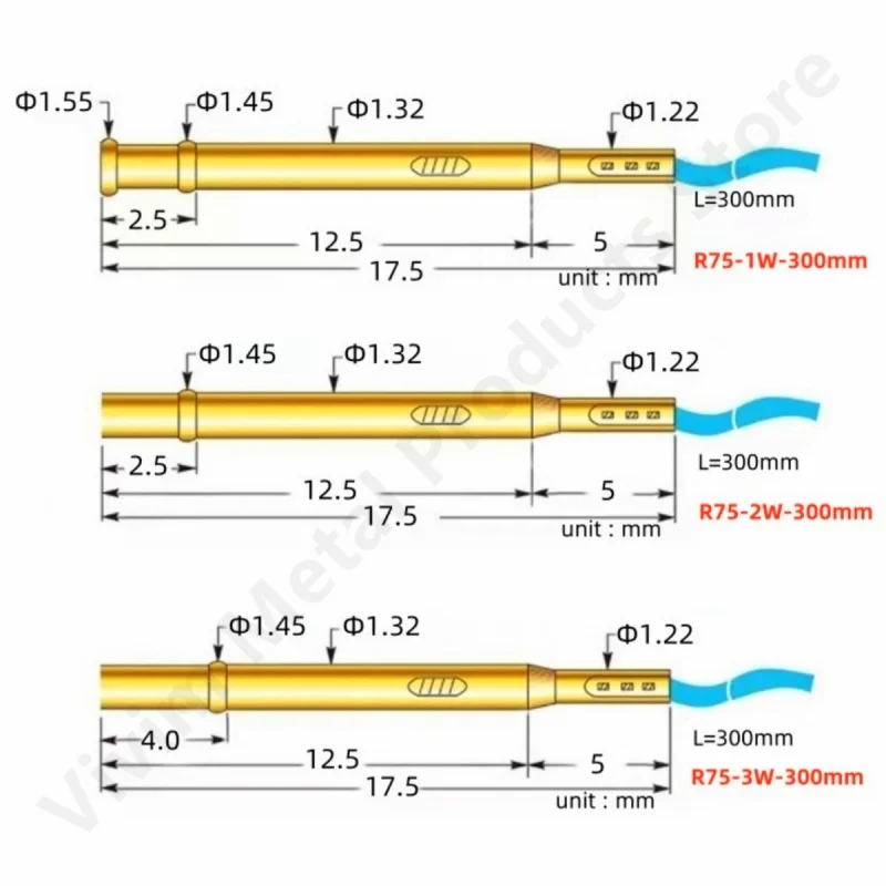 R75-1W 2W 3W 1S 2S 3S Brass Tube Receptacle For Spring Test Probe Test Pin P75-B1 Needle Sleeve Seat Dia 1.32mm 28AWG Wire 300mm