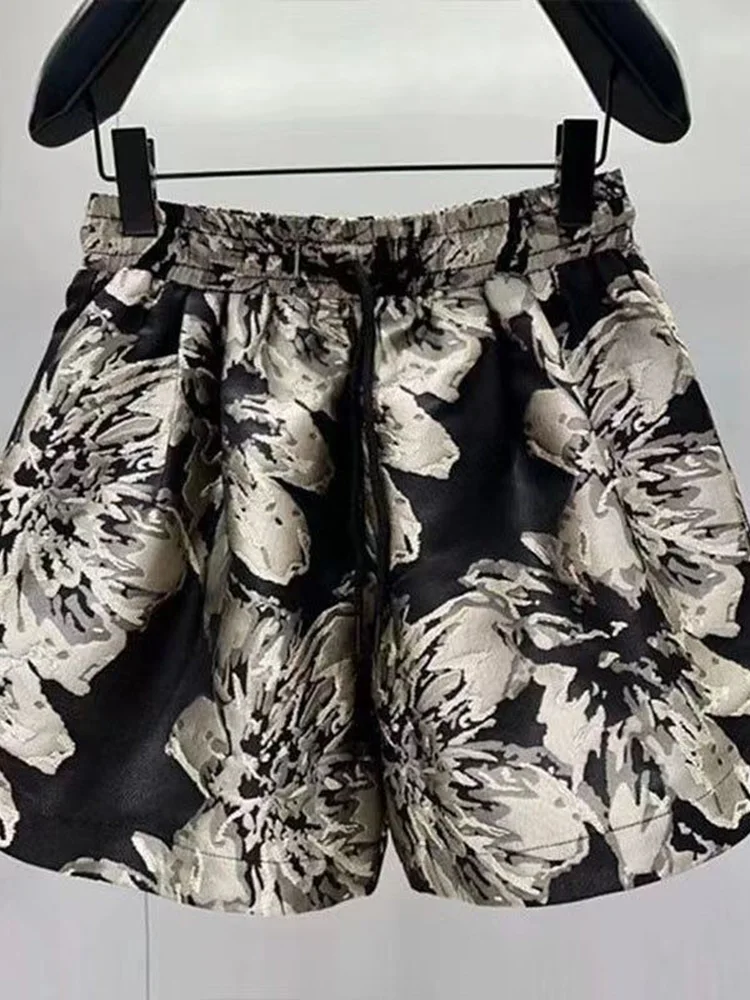 Shorts com estampa floral casual feminino, shorts de cintura alta, streetwear solto, moda verão, novo, quente, V133