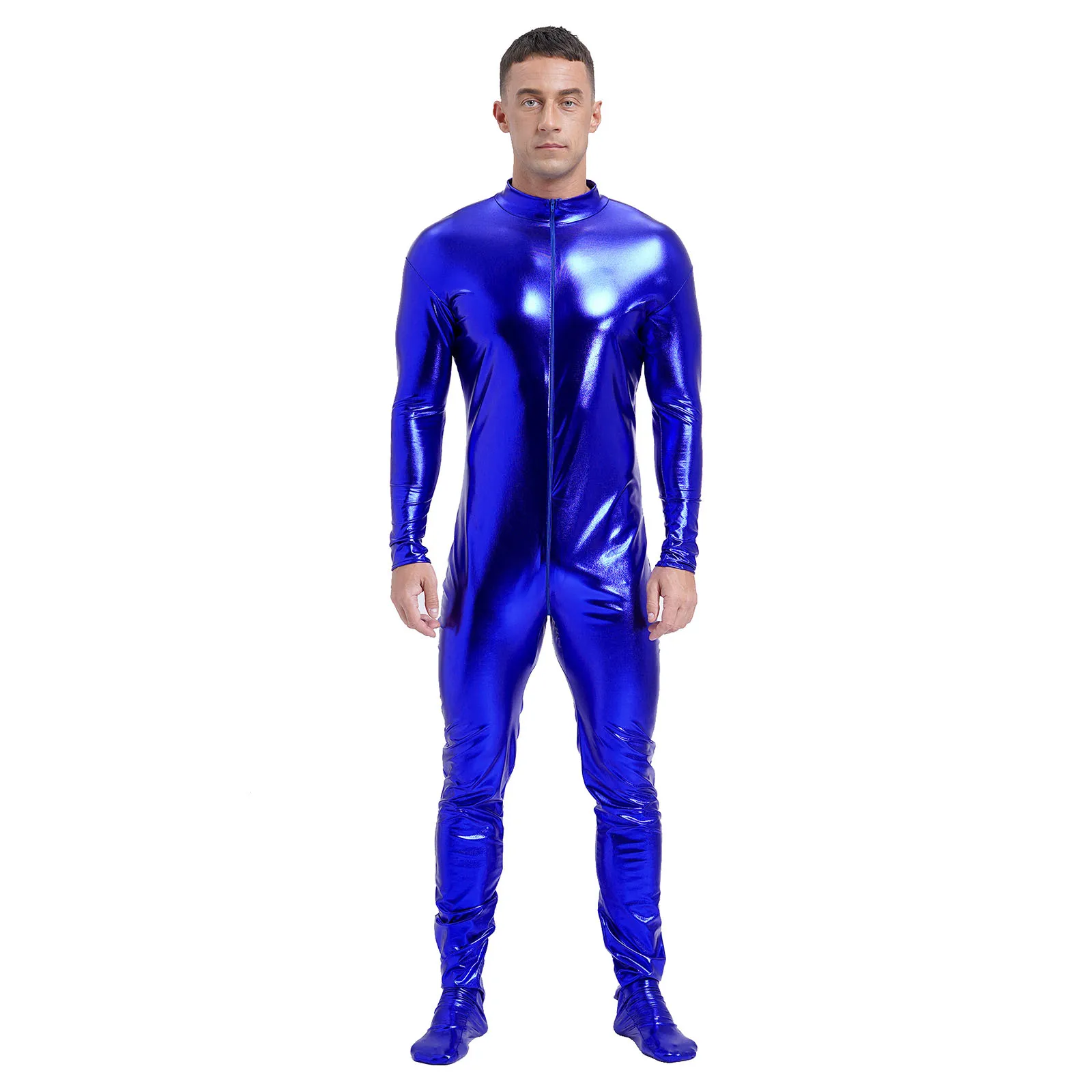 Mens Shiny Metallic Unitard Mock Neck Long Sleeve Front Zippre Full Body Bodysuit Zentai Costume for Stage Performance Costume view 3
