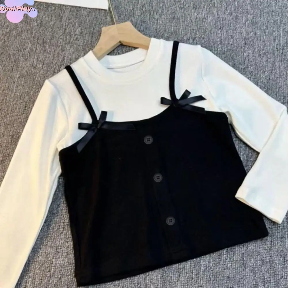 

Cute Korean Style False Two-piece Top Princess Elegant Long Sleeve T-shirt Bow Base Shirt Daily Outfit