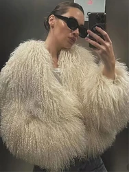 Elegant Furry Faux Fur Warm Short Coats Women Round Neck Long Sleeve Thickened Jacket 2024 Winter Lady High Street Outwear