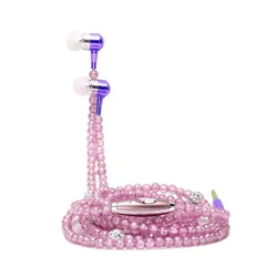 New Pink rhinestone Jewelry Pearl Necklace Earphones With Microphone Earbuds for iphone Xiaomi Brithday Gift