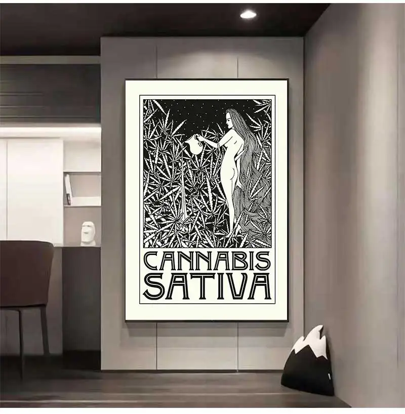 Black White Cannabis Posters and Prints Indica and Sativa Art Nouveau Canvas Painting Wall Pictures for Living Room Home Decor