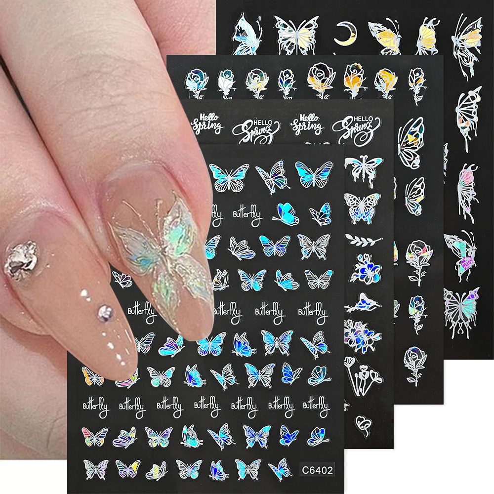 Pegatinas de uñas holográficas de mariposa láser negra 3D, calcomanía de estrella de mariposa de ala blanca Y2K, encantos de uñas, decoración de manicura coreana