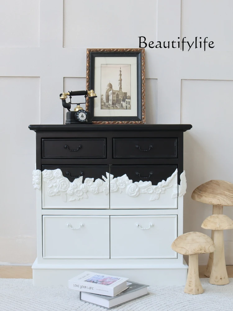 

Bedroom Bedside Black and White Locker Solid Wood Carved Personalized Drawer Entrance Cabinet Classical Home