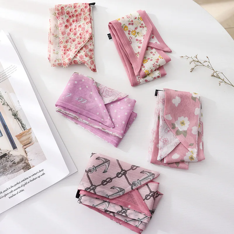 Syal Sutra Panjang Motif Bunga Kecil Warna Pink Retro Prancis untuk Musim Panas, Ikat Rambut, Headband, Syal Tipis Bahan Chiffon untuk Rambut Kepang