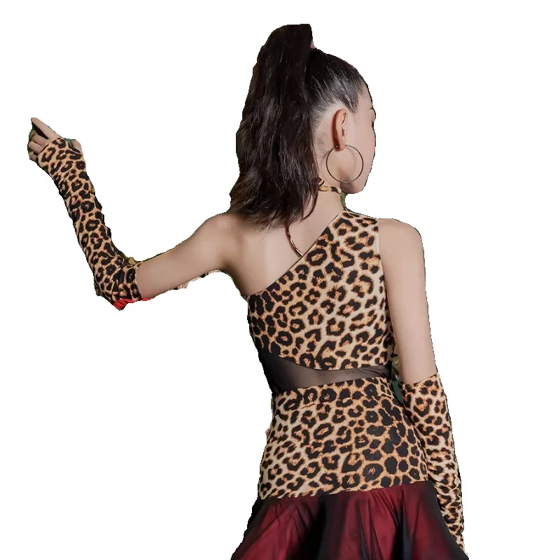 تنورة لاتينية مخصصة للفتيات لممارسة طباعة الفهد زي تدريب الأداء تشا تشا تانجو سامبا رومبا فستان رقص #5