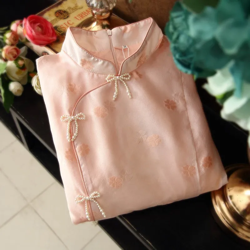 High Quality |Short Sleeve Pink Girl's Flower Beads Stand Collar Improved Large Swing Cheongsam Women Dress