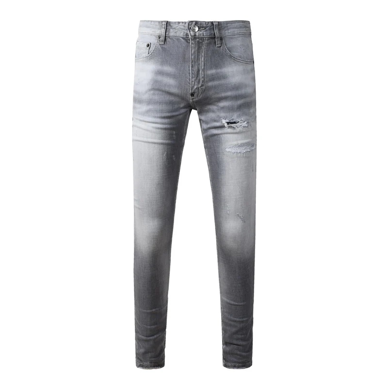 Men Grey Faded Washed Ripped Skinny Jeans Mid Rise Elastic Slim Streetwear Denim Jeans Long  Hombre