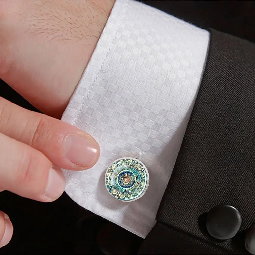 Gift Alloy Glass Mandala Cufflinks Multicolor Flower Buddhist Meditation Shirt Suit Cuff Links Men