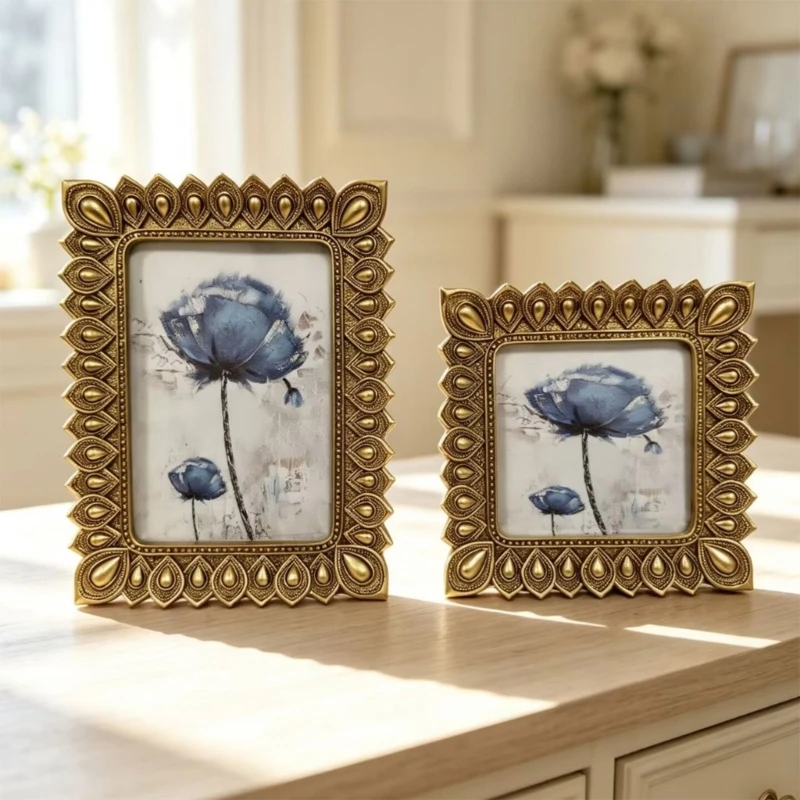 Gold Photo Frame with Ornate Raised Border for Photo or Art Display on Shelves, Desks, and Night Tables Indoors Y5GB