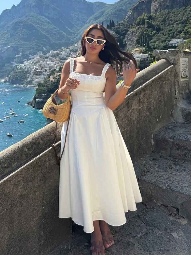 Strap A-line  Summer White Women Dress Sleeveless Holiday Beach Party Midi Dress Elegant Corset Slim Vestidos Vacation Dress