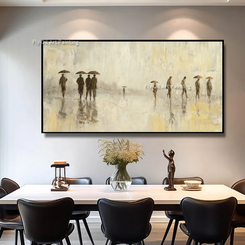 Yellow And Orange People Walking Canvas Thick Artwork New Home Wall Items Handpainted Gray And Beige Oil Painting Decor For Room