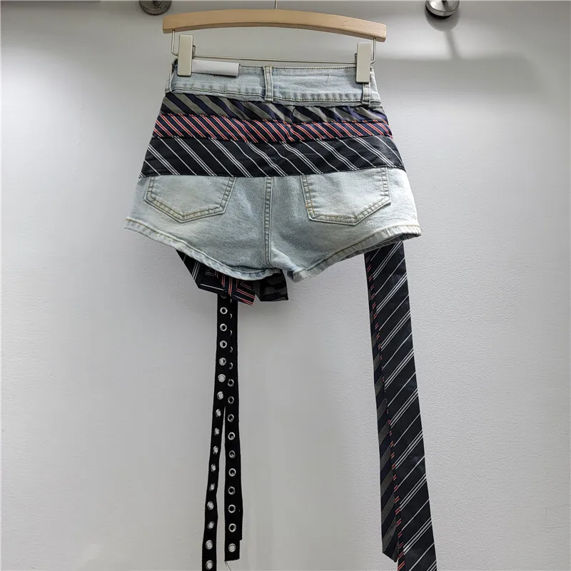 WTHT New Trendy Women Spliced Irregular Striped Ribbon Denim Shorts 2024 Spring High Waist Wide Leg Short Pants Female 1LS947