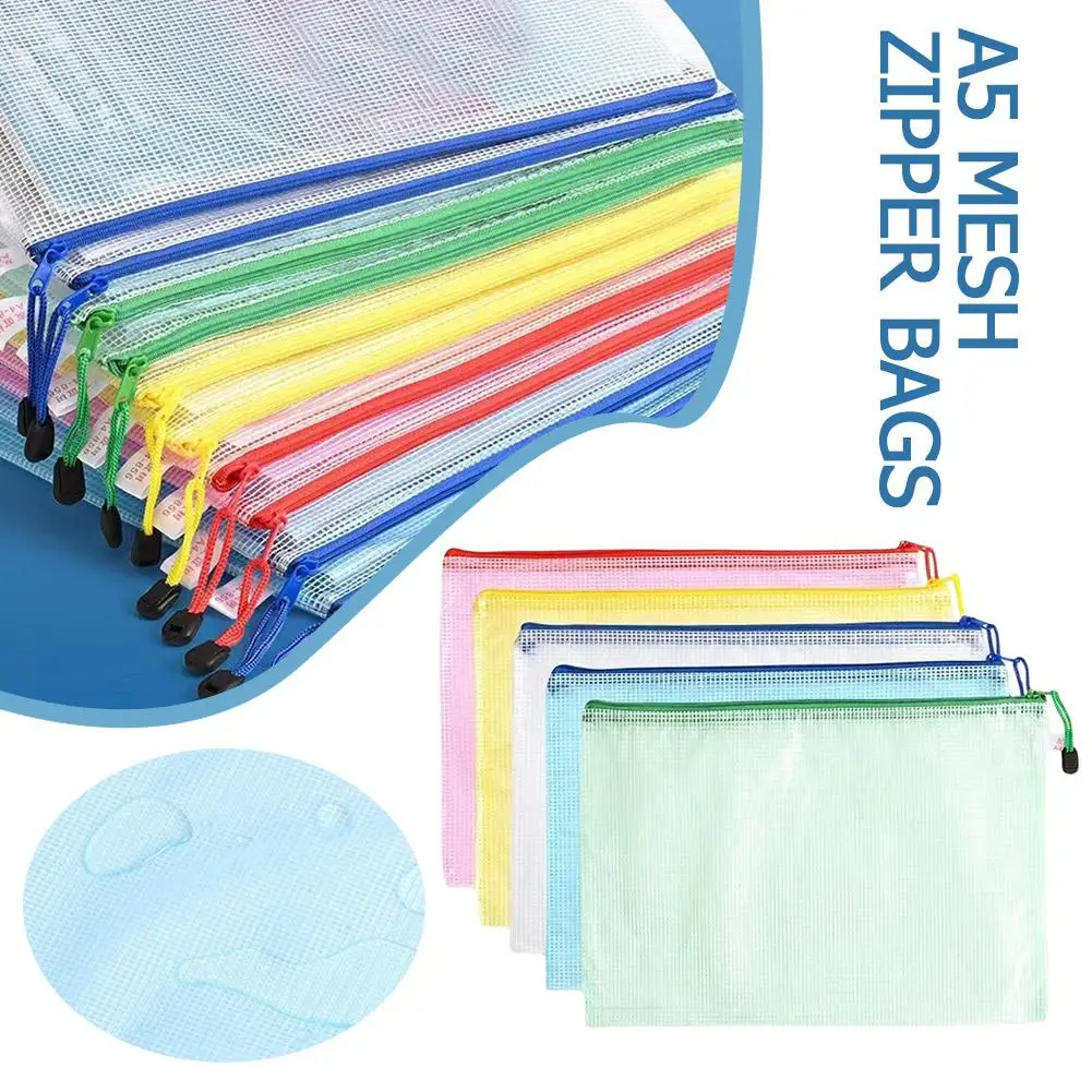 Estojo de lápis impermeável com zíper, bolsa de documentos escolares, suprimentos plásticos de escritório, armazenamento multiuso, A5 Mesh, F5E4, 5pcs