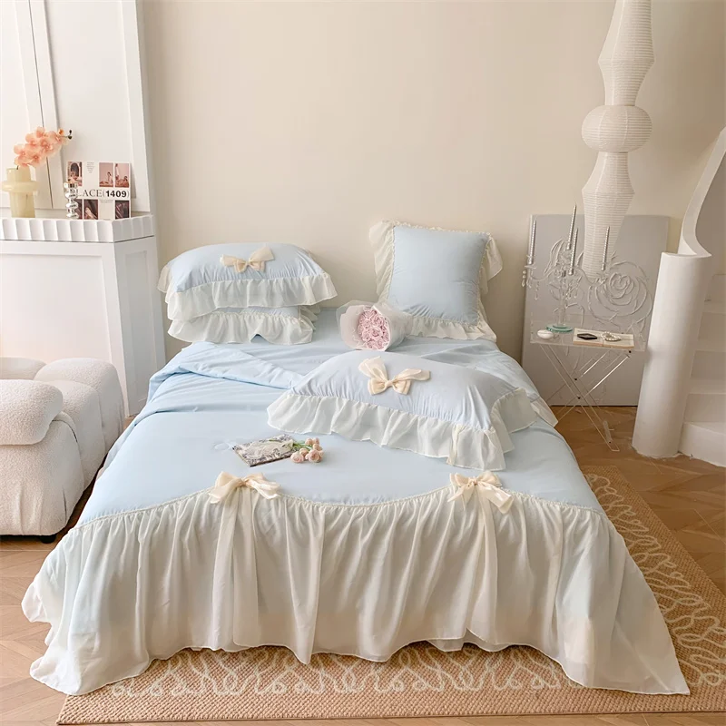 French Style Princess Summer Quilt Set 2024 New Sweetheart Bow Summer Four Piece Set Soft Cool Blanket Duvet Air-Condition Quilt