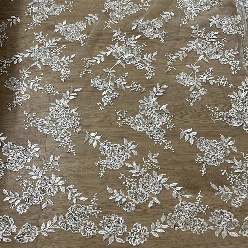 Unique Floral Wedding Gown Dress Mesh Embroidery Lace Fabric Sell by 1 Yard