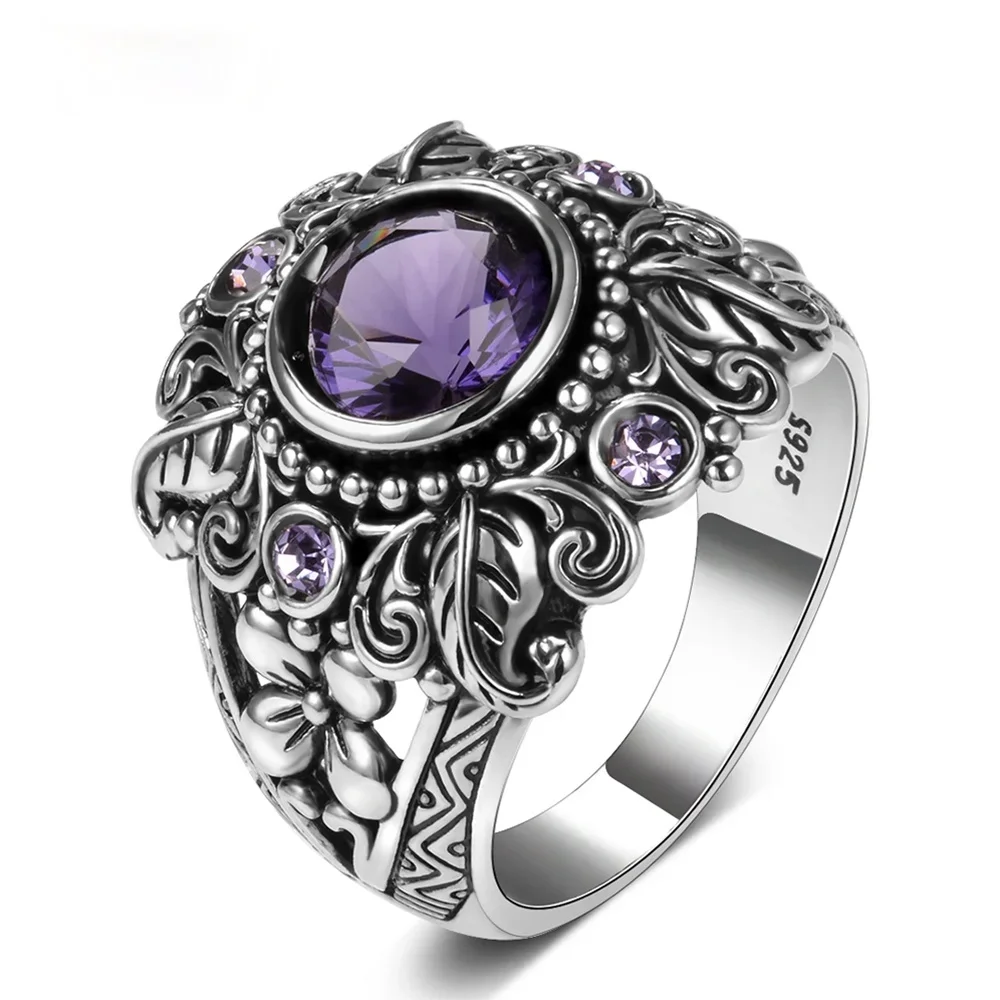 925 Sterling Silver Ring Round 8MM Vintage Tree Leaf Flower Ring for Women Purple Stone Gemstone Anniversary Rings