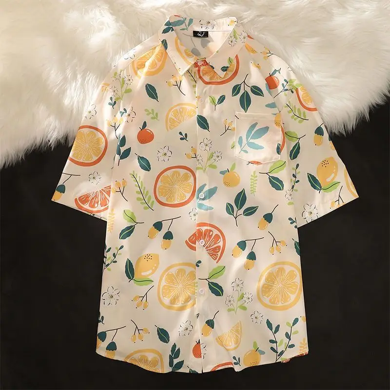 

Fashionable Loose Couple Lemon Print Shirt Trendy Versatile Casual Men's And Women's Short Sleeves Fragmented Flower Shirt