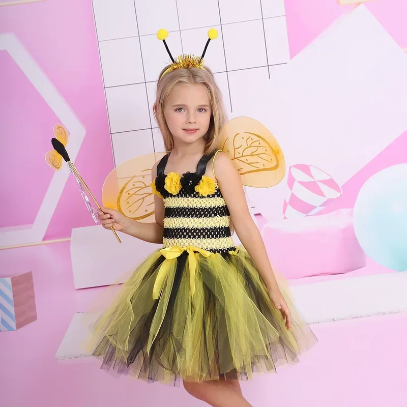 Disfraz de abeja amarillo bonito, vestido de tul con ala, varita mágica, diadema, conjunto de accesorios para niñas y niños, vestido de carnaval, Cosplay, cumpleaños @ 0Z *
