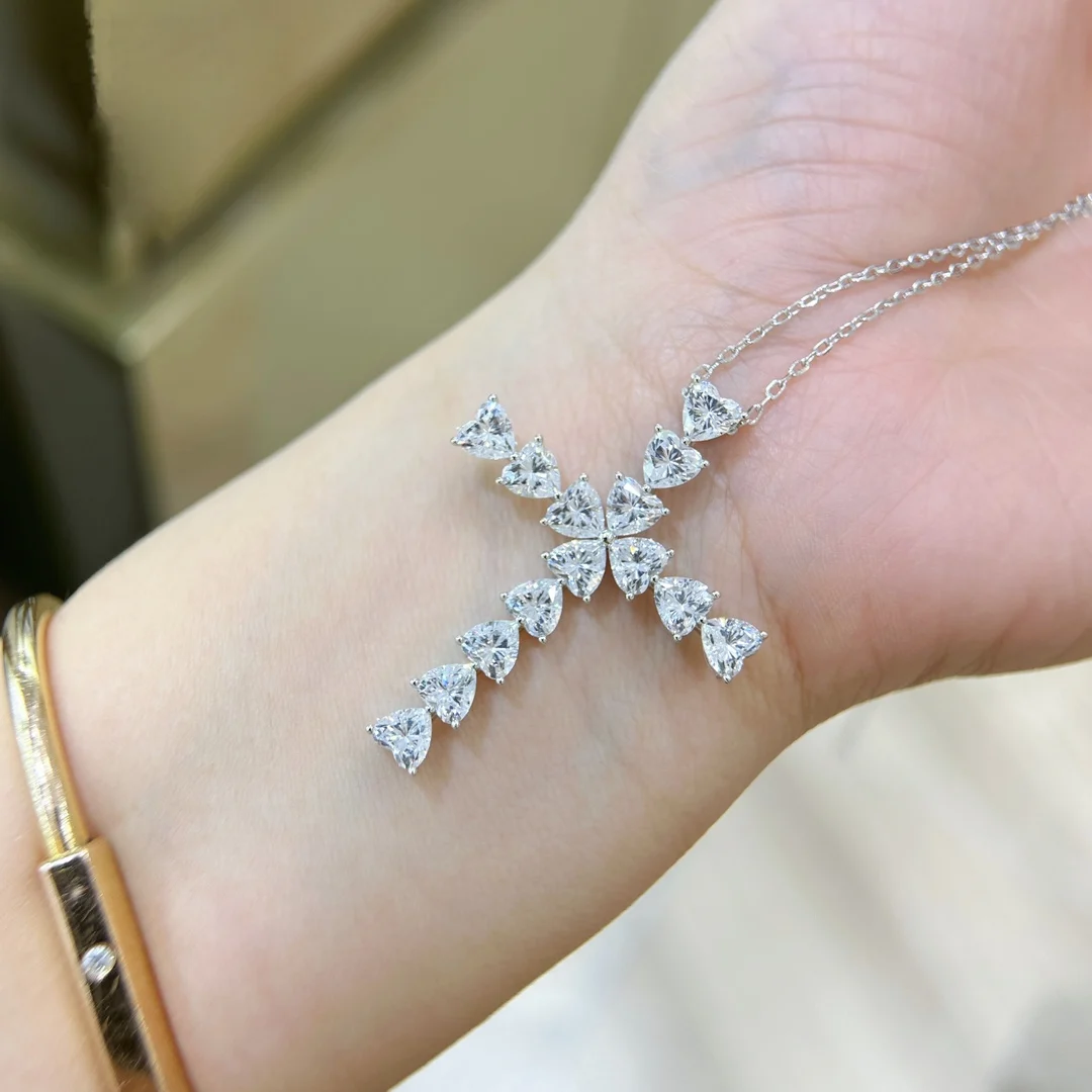 S 925 sterling silver CZ simulation diamond symbols heart cross necklace. Gift recommendations