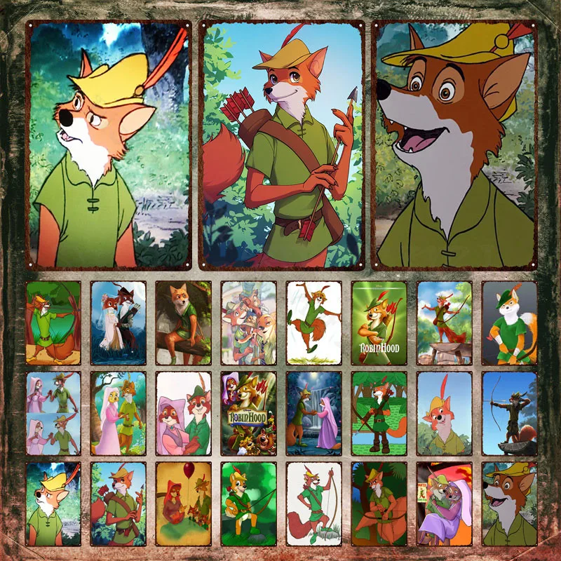 Robin Hood Disney Metal Signs Fantastic Fox and Bear Metal Poster Cartoon Movie Famous Characters Tin Sign Plate Home Wall Decor