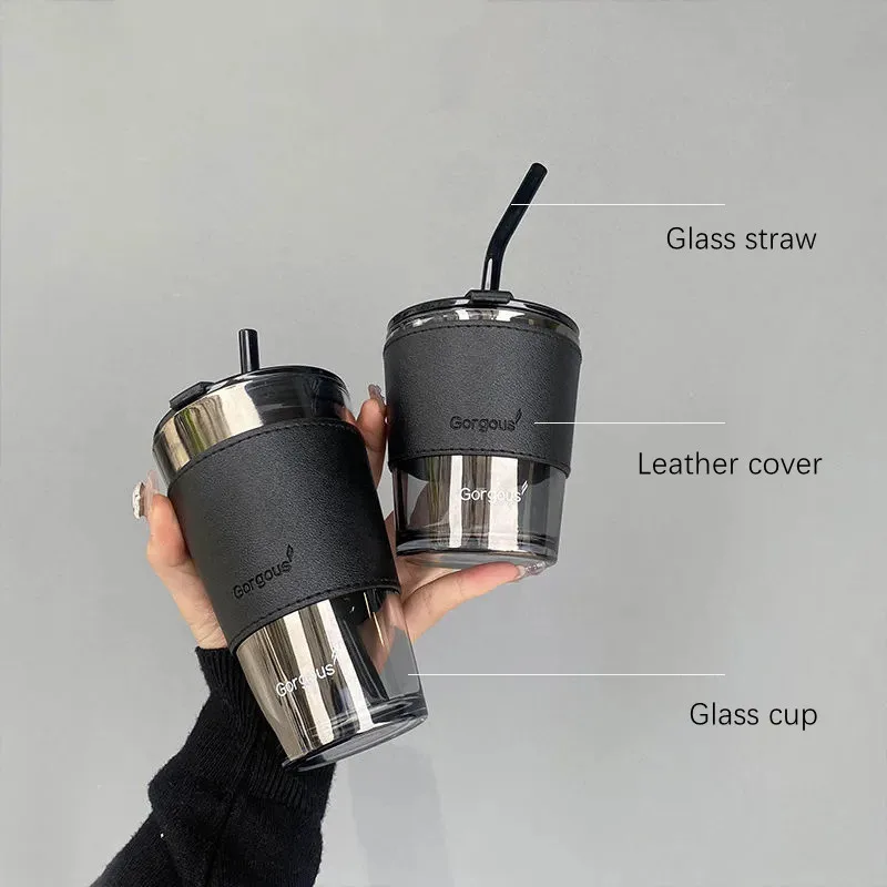 350/450ml Coffee Straw Cup With Lid Heat-Resistant Water Bottle Beer Drinkware Coffee Mug With Straw Deer Printed Leather Glass