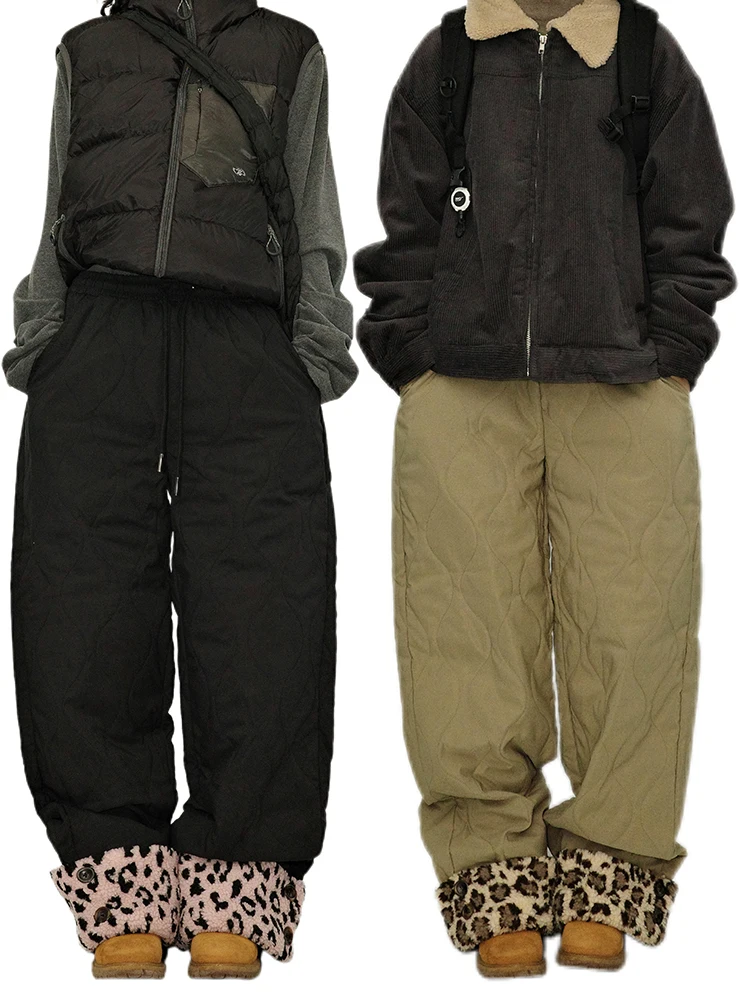 

Guluwo Winter Japanese Style Retro Diamond Grid Loose Casual Cotton Pants High Waist Thickened Long Trousers Wave Embossed