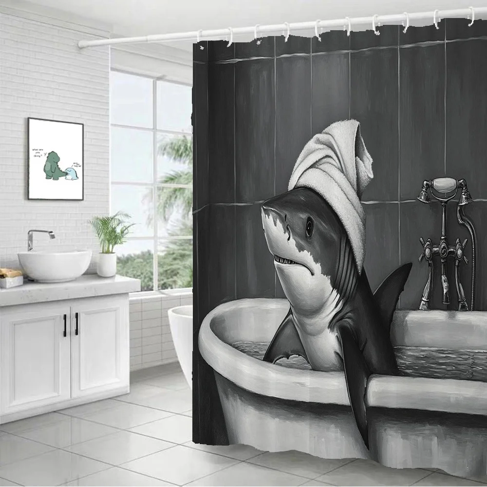 Black and White Shark in Bathtub Shower Curtain - Artistic Bathroom Decor for Man Cave or Modern Bathroom