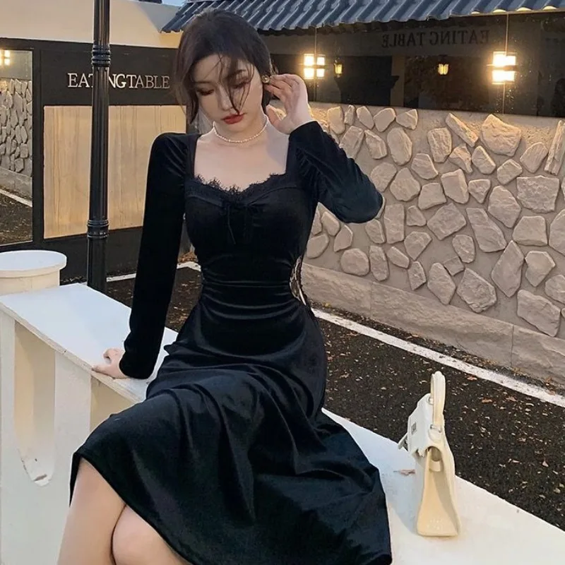 2 gaya elegan GentleBlack gaun wanita beludru lengan panjang musim gugur musim dingin Vestidos renda kerajaan busur empuk wanita anggun Chic