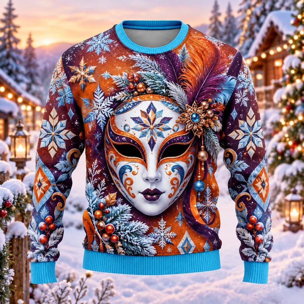 2026 Masquerade Mask Ugly Christmas Sweater for Men Women Festive Holiday Party Crewneck Pullover Long Sleeve Winter Sweaters