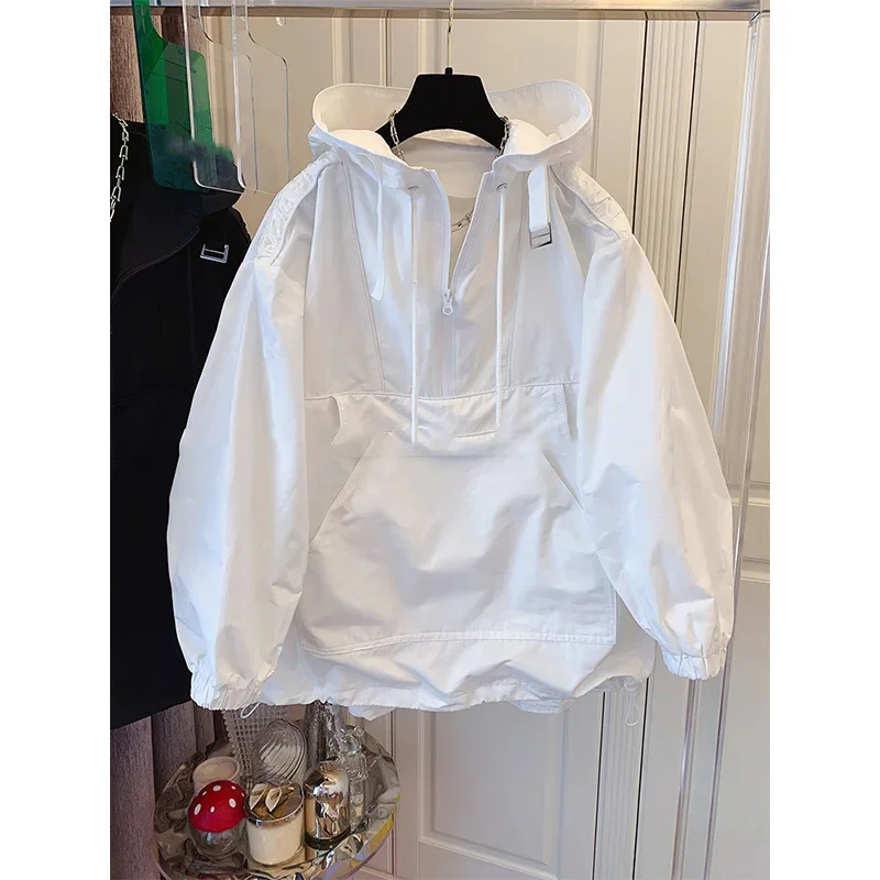 

Men New Hooded Trench Solid Pullover Jackets Long Sleeve Coat Casual Pockets Patchwork Spliced Loose 2025 New Spring Draw String