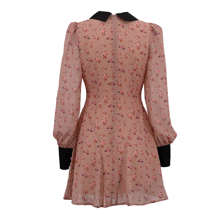 جديد المتناقضة اللون الطباعة فستان فرنسي المرأة مطوي التلبيب الياقة كم طويل مزاجه عالية الخصر تنورة كلمة #2