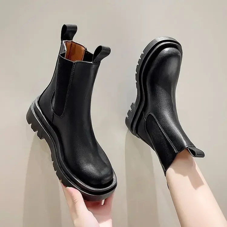 Botas clásicas Chelsea para mujer, Botines negros con plataforma de cuero genuino, botas cortas sin cordones y banda elástica