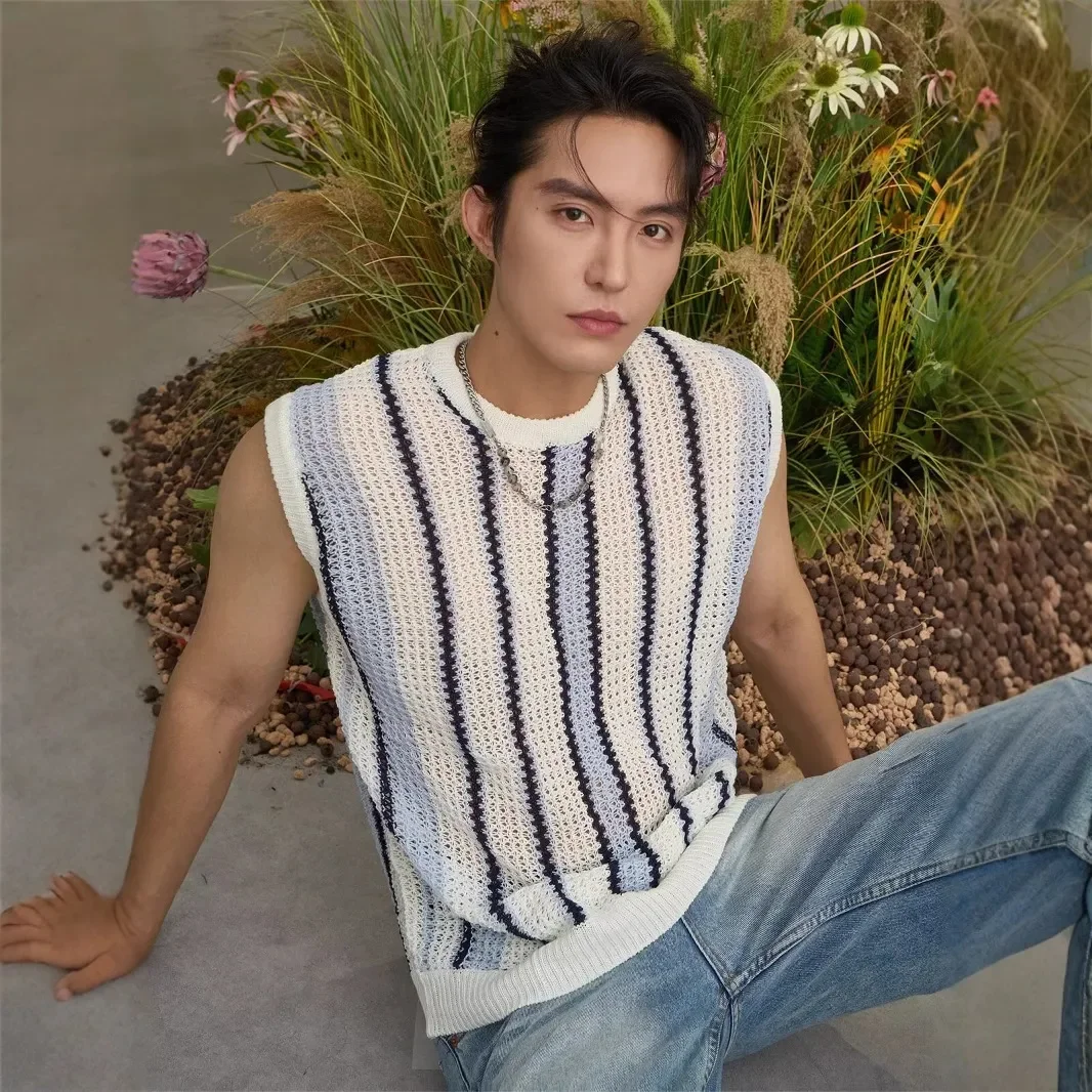 Striped Knit Sleeveless Top For Men Summer Casual Trendy Breathable Design Round Neck Lightweight