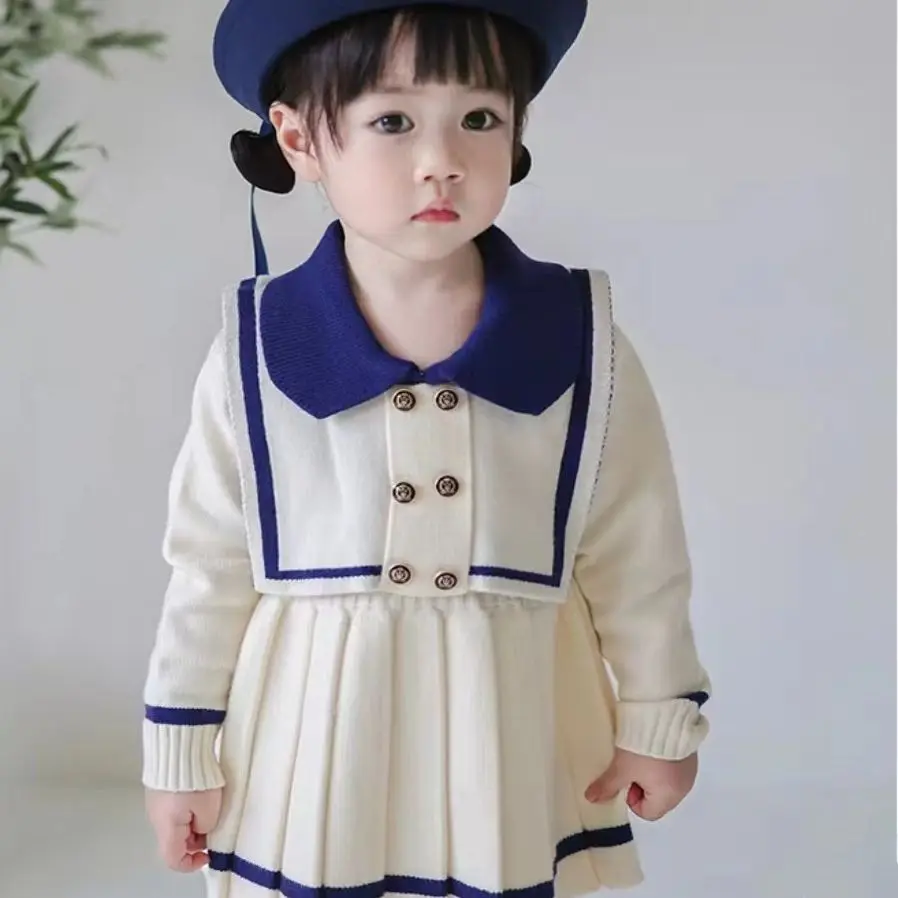 Girls\' Fashion Navy Collar Sweater Dress Autumn Baby Girls\' Knitwear Korean Style Long Sleeve Pleated Dress Kids Cotton Clothing