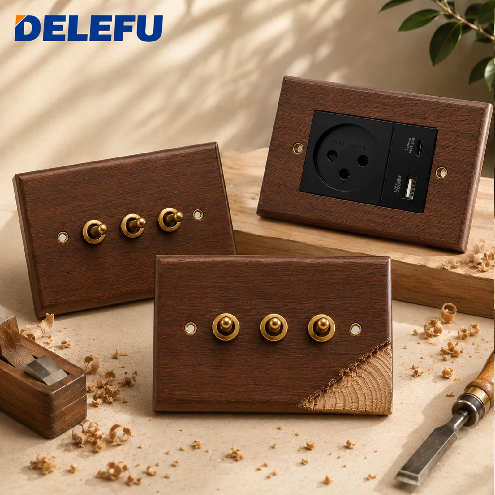 DELEFU Solid Walnut Wood Wall Switch Socket Retro Brass Toggle Light Switch Israeli 16A Outlet 20W USB Type C 127x82mm